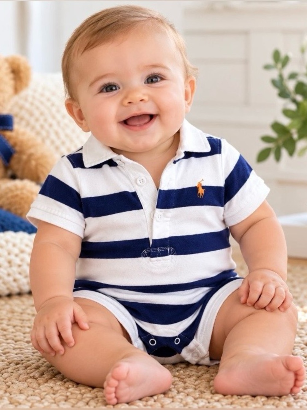 Ralph Lauren Infant Boys 6M Shorts Romper Navy White Stripes Orange Pony Cotton